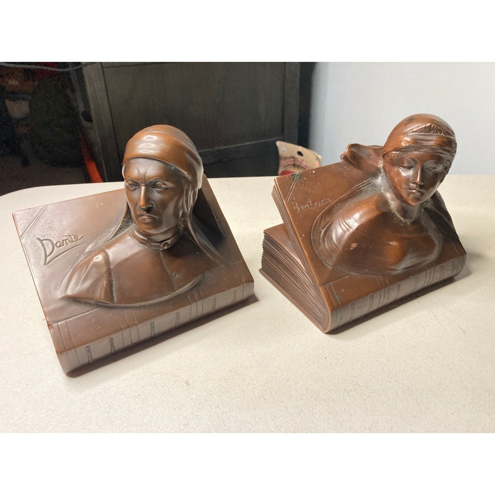 Vintage Dante and Beatrice Bronze Tone Book Bust Bookends Set Literary Decor